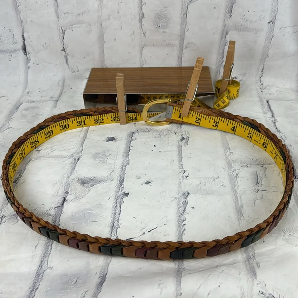 Vintage Genuine Leather Belt Multi-Color Woven Leather and Brass Buckle